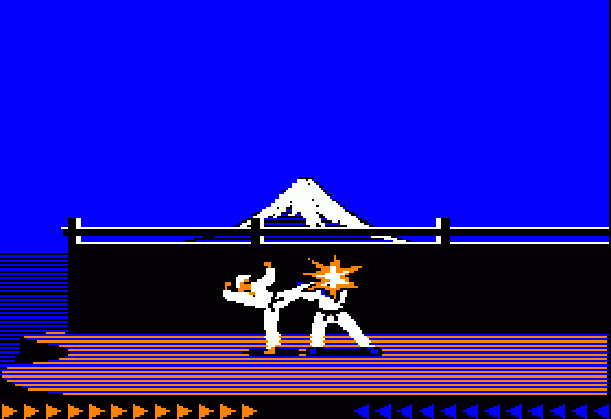 Akuma commanding his guard on the original Apple II Karateka